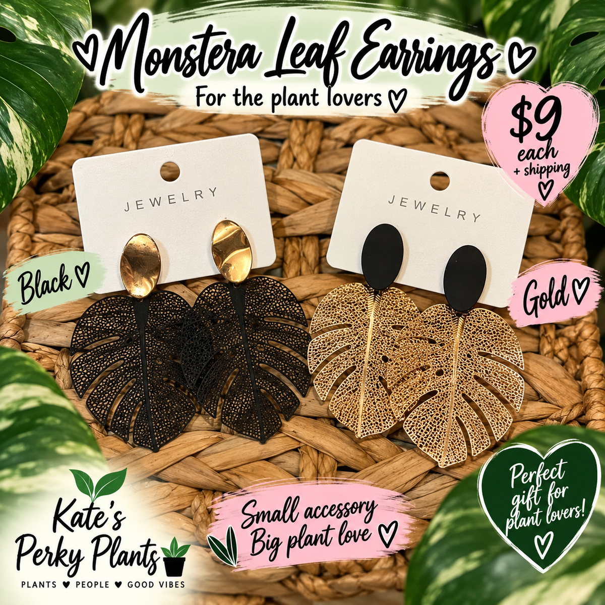 Monstera Deliciosa Earrings Black